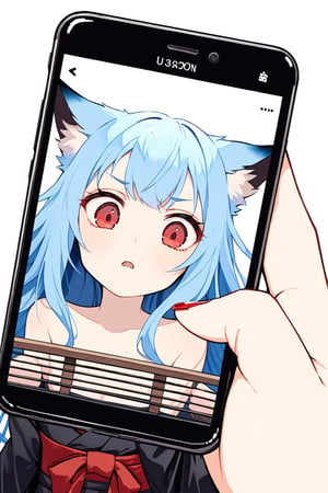 phone screen, a girl , fox girl, kumiho, light blue hair, long hair, red crimsom eyes, insane detail, fine details, little foxes, black strapless kimono, scared, hitting the cell phone from inside, trying to get out