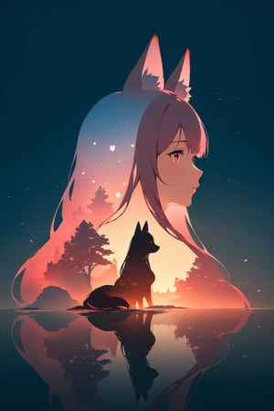 silhouette of a fox girl whit long hair in profile. long fox ears, red crimsom eyes, Soft colors. Inside the silhouette you can see the double exposure with a sakura flower and a littel fox, masterpiece, ((double exposure)), proportional.,DOUBLE EXPOSURE