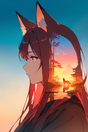 silhouette of a fox girl whit long hair in profile. long fox ears, red crimsom eyes, Soft colors. Inside the silhouette you can see the double exposure with a sakura flower and a littel fox, masterpiece, ((double exposure)), proportional.,DOUBLE EXPOSURE, warm colors