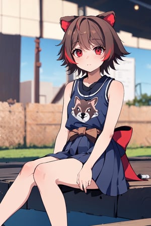 masterpice, best quality, UHD, many details, quality details, made by a master, good outline, 1 girl, athletic body, female_solo, single, full_body, looking_at_viewer, short_hair, brown_hair, red_eyes, animal_ears, animal tail, raccon tail,  japanese style sitting, ,sangonomiya kokomi (sparkling coralbone),Rakkun