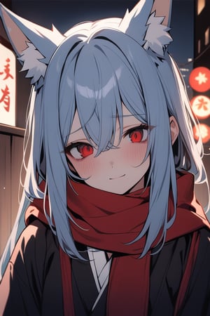 1girl, fox girl, fox ears, solo, upper body, half furry, Portrail, looking to the camera, detailed eyes, slow and tired breathing,
tired eyes, sad eyes, Lost look, big black circles under eyes, crimsom red eyes, long hair, light blue hair, black inner hair,
Red scarf, Black strapless kimono, little smile, little mouth, depression,  Japanese night city with slightly illuminated buildings background, low lighting
masterpiece, best quality,