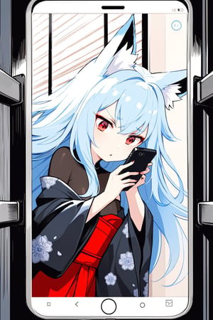 phone screen, a girl , fox girl, kumiho, light blue hair, long hair, red crimsom eyes, insane detail, fine details, little foxes, black strapless kimono, scared, hitting the cell phone from inside, trying to get out