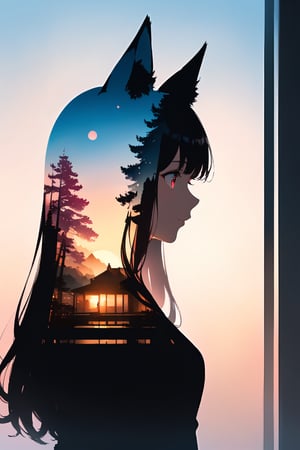 silhouette of a fox girl whit long hair in profile. long fox ears, red crimsom eyes, Soft colors. Inside the silhouette you can see the double exposure with a sakura flower, masterpiece, ((double exposure)), proportional.,DOUBLE EXPOSURE