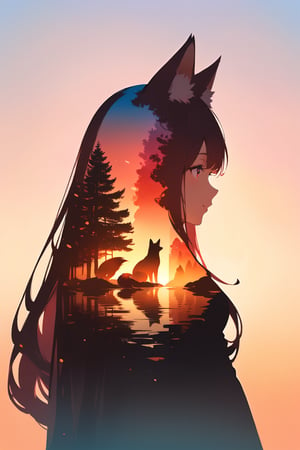 silhouette of a fox girl whit long hair in profile. long fox ears, red crimsom eyes, Soft colors. Inside the silhouette you can see the double exposure with a sakura flower and a littel fox, masterpiece, ((double exposure)), proportional.,DOUBLE EXPOSURE, warm colors