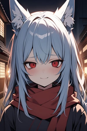 1girl, fox girl, fox ears, solo, upper body, half furry, Portrail, looking to the camera, detailed eyes, slow and tired breathing,
tired eyes, sad eyes, Lost look, big black circles under eyes, crimsom red eyes, long hair, light blue hair, black inner hair,
Red scarf, Black strapless kimono, little smile, little mouth, depression,  Japanese night city with slightly illuminated buildings background, low lighting
masterpiece, best quality,