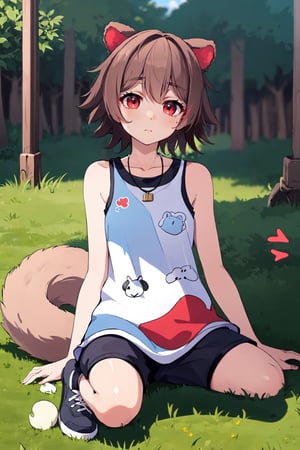 masterpice, best quality, UHD, many details, quality details, made by a master, good outline, 1 girl, athletic body, female_solo, single, full_body, looking_at_viewer, short_hair, brown_hair, red_eyes, animal_ears, animal tail, raccon tail,  japanese style sitting, ,sangonomiya kokomi (sparkling coralbone),Rakkun