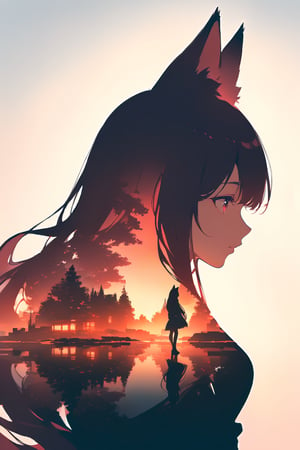 silhouette of a fox girl whit long hair in profile. fox ears, red crimsom eyes, Inside the silhouette you can see the double exposure with a sakura flower, masterpiece, ((double exposure)), proportional.,DOUBLE EXPOSURE