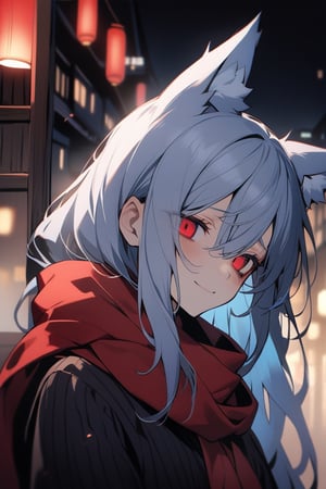 1girl, fox girl, fox ears, solo, upper body, half furry, Portrail, looking to the camera, detailed eyes, slow and tired breathing,
tired eyes, sad eyes, Lost look, big black circles under eyes, crimsom red eyes, long hair, light blue hair, black inner hair,
Red scarf, Black strapless kimono, slight smile, depression,  Japanese night city with slightly illuminated buildings background, low lighting
masterpiece, best quality,