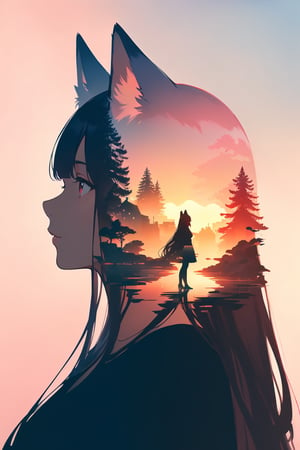 silhouette of a fox girl whit long hair in profile. long fox ears, red crimsom eyes, Soft colors. Inside the silhouette you can see the double exposure with a sakura flower and a littel fox, masterpiece, ((double exposure)), proportional.,DOUBLE EXPOSURE