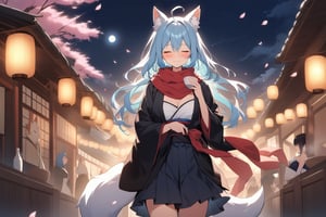 1girl, 1 fox girl, solo, 3 furry fox tails, light blue hair, long hair, ahoge, closed eyes, scratching own head with one hand, having a japanese flat sake cup with another hand, 
masterpiece, best quality, 
An anime-style illustration depicting a spring full moon night. The sky showcases a large, radiant full moon. The area is covered in blooming cherry blossoms, with petals gracefully dancing in the air. A girl with long, blue hair and closed eyes, distinguished by a single ahoge (a noticeable strand of hair that stands up), is holding a japanese sake cup while blushing and smiling gently as she looks at the cherry blossoms.She is adorned with a red scarf and dressed in a strapless black kimono with cherry blossom prints. The serene atmosphere is highlighted by the luminous moonlight casting a soft glow over the scene.