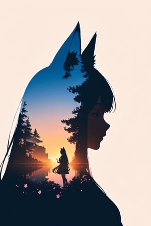 silhouette of a fox girl whit long hair in profile. fox ears Inside the silhouette you can see the double exposure with a sakura flower, masterpiece, ((double exposure)), proportional.,DOUBLE EXPOSURE