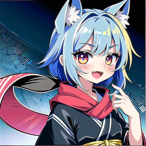 ((masterpiece, best quality)), highres, high contrast, depth of field, intense glow, simple background, 1girl, fox girl, long hair, light blue hair, cute_fang, cute, detailed eyes, sparkle in eyes, crimsom red eyes, detailed iris, black strapless kimono, black kimono, Red scarf, grin, stylized, open mouth, fang, holding a youtube logo with his hand, soft