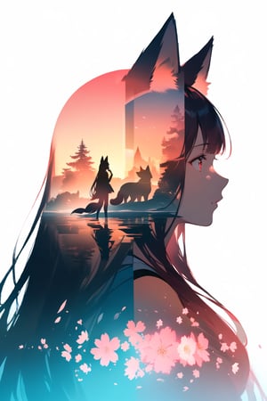 silhouette of a fox girl whit long hair in profile. long fox ears, red crimsom eyes, Soft colors. Inside the silhouette you can see the double exposure with a sakura flower and a littel fox, masterpiece, ((double exposure)), proportional.,DOUBLE EXPOSURE