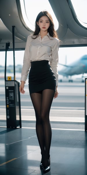1girl,Sweet,Kawaii,full body,,(masterpiece, best quality, hires, high resolution:1.2),Cinematic film still, Stewardess Green  Uniform,cleavag, whole body, long legs,looks at viewer, ,Cinematic film still,(RAW photo, best quality), (realistic, photo-realistic:1.4), masterpiece, an extremely delicate and beautiful,perfect anatomy,soft light,slender body,standing, Black stockings,(RAW photo, best quality), (realistic, photo-realistic:1.4), masterpiece, an extremely delicate and beautiful,inside an aeroplane interior, background is on the airplane runway (apron)