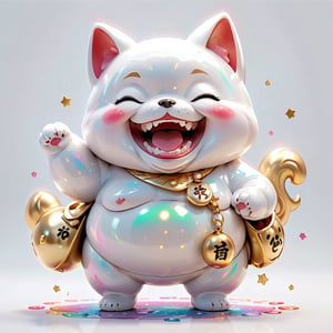 Maneki Dog, chibi,glitter,  Chubby, laughing, White Background