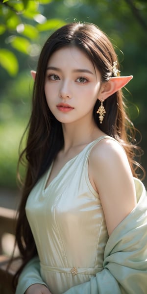 1girl,Sweet,,Looks at viewer,elf portrait,enchanting beauty,fantasy,ethereal glow,pointed ears,delicate facial features,long elegant hair,nature-themed attire,mystical ambiance,soft lighting,tranquil expression,harmonious with nature,subtle magical elements,serene,intricate jewelry,dreamlike quality,pastel colors,,