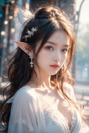 1girl,Sweet,,Looks at viewer,large breasts,elf portrait,enchanting beauty,fantasy,ethereal glow,pointed ears,delicate facial features,long elegant hair,nature-themed attire,mystical ambiance,soft lighting,tranquil expression,harmonious with nature,subtle magical elements,serene,intricate jewelry,dreamlike quality,pastel colors,,