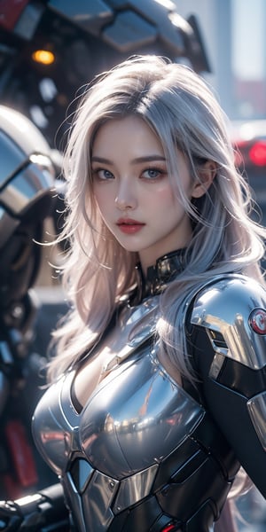 1girl,sexy,smile,half body portrait,looks at viewer,large breasts,Best picture quality, high resolution, 8k, realistic, sharp focus, realistic image of elegant lady, Korean beauty, supermodel, pure white hair, blue eyes, wearing high-tech cyberpunk style blue Batgirl suit, radiant Glow, sparkling suit, mecha, perfectly customized high-tech suit, ice theme, custom design, 1 girl,mecha,1 girl