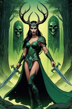 comic book,tmts, beatiful, 
high quality, cardgame

The mythological goddess Hela with half face like a skull. With his Sutr knife in his hand. With a fur cape.  with a background haunting of dark and green hell full of skulls and dead people, 

style,ULTIMATE LOGO MAKER [XL],ancient Nordic clothes.,style,concept,fantasy