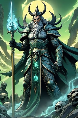 comic book,tmts, beatiful, 
high quality, cardgame

The mythological god Hades with a defiant look, wearing dark armor (without wings) and a spear and a skull in his hand, with a background of dark and green hell full of skulls and dead people

style,ULTIMATE LOGO MAKER [XL]