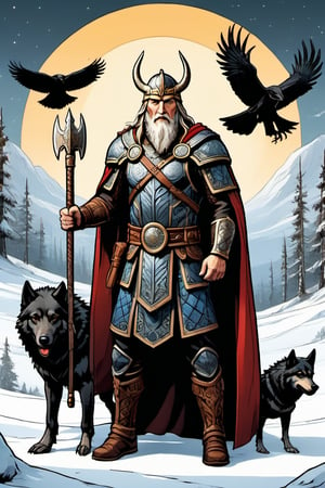 comic book,tmts, beatiful, 
high quality, cardgame

The mythological god Odin with a Viking helmet And his two giant wolves Geri and Freki and his small two crows hugin and mugin. With his spear Gugnir in his hand. 

style,ULTIMATE LOGO MAKER [XL],ancient Nordic clothes,