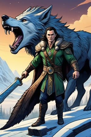 comic book,tmts, beatiful, 
high quality, cardgame

The mythological god loki and with a giant ferocious Fenrir. With fur coat.  

style,ULTIMATE LOGO MAKER [XL],ancient Nordic clothes.,style,concept,fantasy