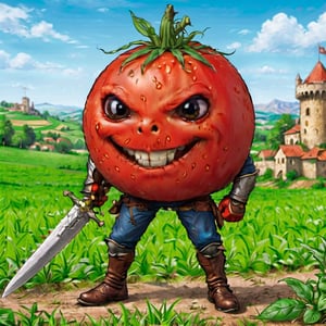 comic book,tmts, beatiful, 
high quality, an anthropomorphic tomato dressed as a swordsman, armed with a sword, with a defiant look, with a medieval battle background without soldiers, all with a fantastic medieval context,
