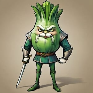 comic book, 
caricature of an anthropomorphic green onion with body of green onion, arms and legs, and dressed with a armour and armed with a sword, green onion main shape, with a defiant look, with a fantastic medieval theme ,DonMFr0stP4nkXL,diaper,NIJI STYLE, background medieval,