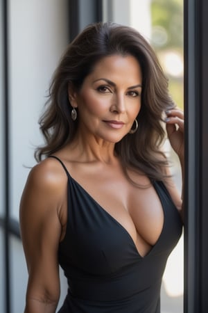 photography, work of art, realistic, full body photograph, 8k, woman ((sensual mature)) natural body, sexy, sensual, 55 years old, Latina, brunette, beautiful face, beautiful well-defined eyes, ((hair smooth with gray hair)), beautiful well-defined body, defined fingers, (((exuberant))), (((voluptuous))), big hips. beautiful legs, she is a professional, empowered, modern woman, dressed sensually, standing in a corner
 from the street looking to the side, looking out the window
,natural light,diffuse lighting,photography taken with Nikon Z6 camera,50 mm lens,f-8,iso 100