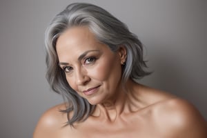 Full body photograph, sensual mature woman, 50 years old, married, Latina, beautiful face, hair with few gray hairs, tall, voluptuous, taken with a Nikon camera, 50mm lens, side hard light