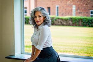 Realistic photography, 8k, natural style, full body, female teacher ((mature)), Latina, 50 years old, ((sexy)), soft slightly curly gray hair, (curvy). lush, thirty-year-old, hip, big butt voluptuous, beautiful legs, normal face, natural skin, beautiful legs, beautiful hands, slight sensual smile, well-defined hands and fingers, well-defined eyes, dressed in skirts, stockings and heels, looking out the window in a classroom, Looking at
 one side, ambient light, natural light, specular reflections on the skin, nikon camera, 50mm lens, f8
