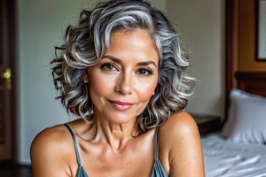 Realistic photography, 8k, natural style, full body, woman ((mature)), Latina, 50 years old, (sexy), soft, slightly curly gray hair, (curvy). lush, thirty-year-old, fit, voluptuous, beautiful legs, normal face, natural skin, beautiful legs, beautiful hands, slight sensual smile, well-defined hands and fingers, well-defined eyes, sexy dress, in a relaxed room, ambient light, natural light, specular reflections on the skin, camera nikon,50mm lens,f8