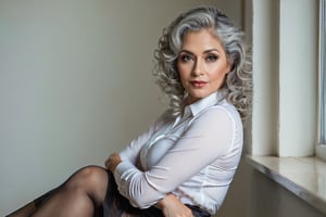 Realistic photograph, 8k, natural style, taken from the whole body, female teacher ((mature)), Latina, 50 years old, ((sexy)), soft slightly curly gray hair, (curvy). lush, in her thirties, hip, big butt, voluptuous, beautiful legs, normal face, natural skin, beautiful legs, beautiful hands, slight sensual smile, well-defined hands and fingers, well-defined eyes, dressed in skirts, stockings and heels, looking out the window in a living room classes, his gaze goes to
 one side, ambient light, natural light, specular reflections on the skin, nikon camera, 50mm lens, f8