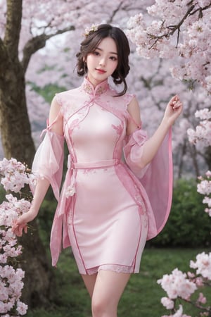 Taiwanese beauty, 20 years old, with pink and white skin, bright phoenix eyes, small cherry blossom mouth, and majestic D-CUP bust. The girl has a graceful figure. She wore a thin and transparent tight-fitting hip-hugging cheongsam. The breeze blew up her skirt and she smiled shyly. The girl is admiring the flowers in the cherry blossom forest, and the petals are falling in the wind. The camera is Canon R5, 24mm wide-angle low-angle shooting, large aperture F=1.4, 8K, (Cat, masterpiece, top image quality, ultimate image quality, official art, beautiful aesthetics, top image quality, ultra-fine, exquisite details, high resolution rate: 1.2),