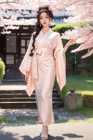 Masterpiece, (HD), (Best Quality: 1.4), (Full Body), 1 Girl, Solo, Elegant Flower Viewing, Cherry Blossoms, Spring Scene of Cherry Blossoms in Bloom, Breathtaking Beauty of the Surroundings, Cherry Blossoms Falling in the Wind, Hair Decoration Wearing exquisite hair accessories, thin earrings, a quiet and elegant expression on her face, (smile: 1.2), (happiness: 1.2), kimono, from legs to arms, wearing a light pink floral pattern kimono, charming, perfect face , full lips, blush, glowing skin, realistic, pale skin, best quality, high resolution, (real: 1.2), Pink and white, sakura leaves, bright colors, paint splashes, simple background, ray tracing, wavy hair,8K,dreamgirl,pastelbg,perfect