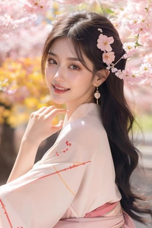 Masterpiece, (HD), (Best Quality: 1.4), (2/3 Body), Bottom-up POV, 1 Girl, Solo, Elegant Flower Viewing, Sakura, Sakura Spring Landscape, Surrounding Beauty, Autumn Maple Sakura, wearing exquisite hair accessories, thin earrings, a quiet and elegant expression on her face, (smile: 1.2), (happiness: 1.2), she wears a light pink kimono from legs to arms, a light purple floral pattern kimono, charming and perfect face, full lips, blush, glowing skin, realistic, pale skin, best quality, high resolution, (realistic: 1.2), pink and white, bright colors, paint splatters, simple background, light tracking, 8K, dream girl, soft, perfect