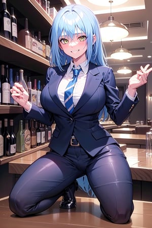 
amber_eyes, alone,
perfect_eyes, grinning , sexy_look , hot_look ,smile_face
,thong, curvy_figure,  , perfect_hands, indoors, blushing, , from_below, normal_breasts,  blue_fullbody_formal_suit 
,blue_suit,  black_normal_tie, 
 , a lot_bottles_in_baclgrounds, Violet_light ,
Violet light_baclgrounds,casino ,
,sexy_look ,
hand_resting_on_the_waist ,
hand_on_waist , ,Rimuru_Tempest, blue _hair, long_hair
, black_casino_bar , wine_glass_in_one_hand , bar ,drunk , touching_herself ,cowgirl position , male_coat_suit , formal_long_pants