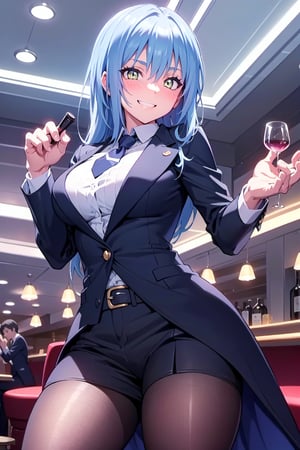 
amber_eyes, alone,
perfect_eyes, grinning , sexy_look , hot_look ,smile_face
,thong, curvy_figure, thighs, , perfect_hands, indoors, blushing, , from_below, normal_breasts,  blue_fullbody_formal_suit, long_black_fishnets, 
,blue_suit,  black_tie, 
 , a lot_bottles_in_baclgrounds, Violet_light ,
Violet light_baclgrounds,casino ,
,sexy_look ,
hand_resting_on_the_waist ,
hand_on_waist , ,Rimuru_Tempest, blue _hair, long_hair
, casino_bar , wine_glass_in_one_hand , bar ,drunk , touching_herself ,cowgirl position , male_coat_suit