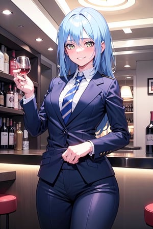 
amber_eyes, alone,
perfect_eyes, grinning , sexy_look , hot_look ,smile_face
,thong, curvy_figure,  , perfect_hands, indoors, blushing, , from_below, normal_breasts,  blue_fullbody_formal_suit 
,blue_suit,  black_normal_tie, 
 , a lot_bottles_in_baclgrounds, Violet_light ,
Violet light_baclgrounds,casino ,
,sexy_look ,
hand_resting_on_the_waist ,
hand_on_waist , ,Rimuru_Tempest, blue _hair, long_hair
, black_casino_bar , wine_glass_in_one_hand , bar ,drunk , touching_herself , male_coat_suit , formal_long_pants