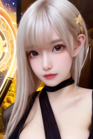 a sorceress, white hair,  gold and white brassiere , detailed face, vines, stars, ((surrealism)), (abstract), intricately detailed gothic art triadic colors, fantastical, splash screen, fantasy high magic concept art, 8k resolution, (gothic masterpiece), oil painting, heavy strokes, HW*,short hair bang,hair bangs are above the eyebrows,no bang,Narin,beautyniji,1girl,women,girl,realistic,Double eyelids,bow on her head, cute eye,cute lip,qbyc,tareme-eyes,Pretty face