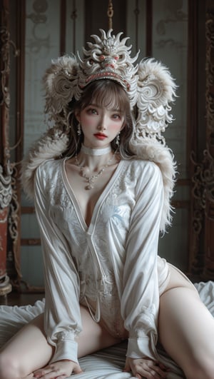 A sweet and cute Japanese girl with long blond hair, wearing a white shirt, a dark blue bow on her head, snow-white skin, having sex in a missionary position in a dimly lit room,1girl ,avg,ruanyi0203,mana_chos,mmm,ruanyi0336,Byoru,xuer lion head,sexy,naked