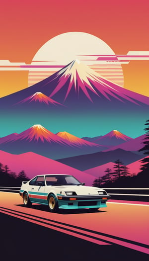 Japanese style, 80s retro vibe, aesthetic, motor sports design, geometric mountain background, retro-style sun.