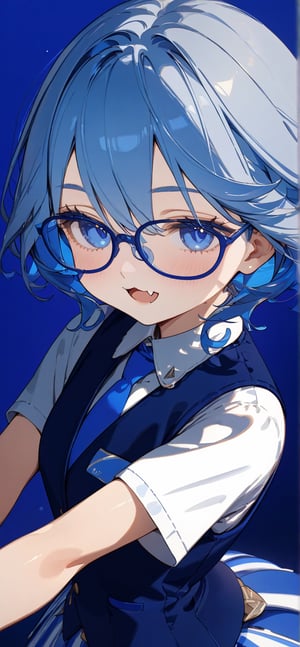 Quality, masterpiece, detailmaster, 8k, UHD, ultra high-resolution, high_res, character, solo, white short sleeve shirt, blue ribbon, cute glasses, blue vest, white blue stripe skirt, cute fang one side, blue background, furinadef.