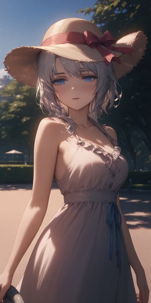 Quality, masterpiece, detailmaster, 8k, UHD, ultra high-resolution, high_res, character, solo, 1girl, Summer dress with hat, park background, Ayla, white hair, blue eyes.