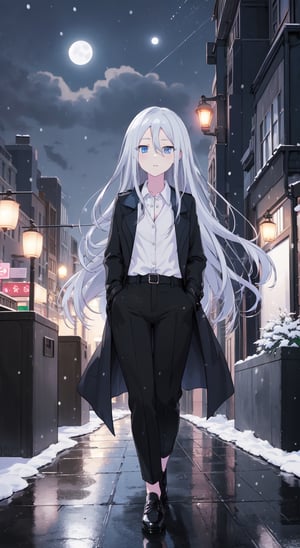 Character, solo, kanade yoisaki, white hair, blue eyes, straight hair, white shirt, black vest, a black trench coat, black pants office, leather shoes, city, midnight, snow falling, shining moon, Quality, 8K, UHD, high_res, bloom, shadow, reflection wall street, street lights, look in the sky.