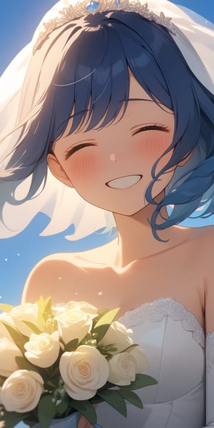 Quality, masterpiece, detailmaster, 8k, UHD, ultra high-resolution, high_res, character, solo, wedding dress, white veil, holding bouquet flower, happy face, close eyes, air, blue background, deep blush, Comic Book-Style 2d, blue hair, green eyes, medium hair