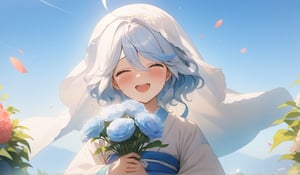 Quality, masterpiece, detailmaster, 8k, UHD, ultra high-resolution, high_res, character, solo, hanbok, white veil, holding bouquet flower, happy face, tears happy, air, blue sky background, garden, deep blush, furinanrml, Comic Book-Style 2d