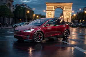Blue Tesla Model X, amidst the detailed imagery of luxury vehicles on the neon-lit streets of Arc de Triomphe, a masterpiece, showcasing exceptionally intricate vehicle details, with wet ground and a selective focus photography technique,Masterpiece