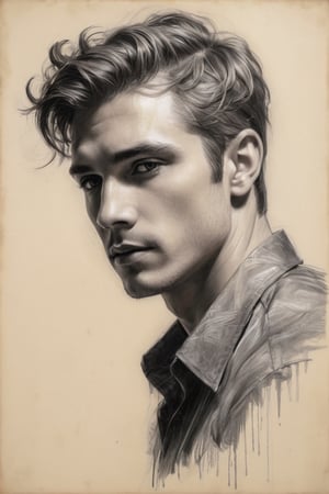 Hologram portrait of a beautiful man, Harrison Fisher, charcoal art, black charcoal on antique paper, intricate details, transparent, neon outline, Chris Levine, breathtaking, art installation, highly detailed,Masterpiece