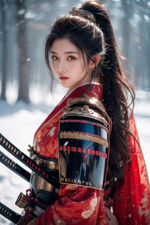1girl,Sweet,, ,full body ,large breasts,The background is winter,snowy garden,1 girl,beautiful girl,Female Samurai, Holding a Japanese Sword, shining bracelet,beautiful hanfu(white, transparent),cape, solo, {beautiful and detailed eyes}, calm expression, natural and soft light, delicate facial features,very small earrings, ((model pose)), Glamor body type, (dark hair:1.2),  beehive,long ponytail,very_long_hair, hair past hip, curly hair, flim grain, realhands, masterpiece, Best Quality, photorealistic, ultra-detailed, finely detailed, high resolution, perfect dynamic composition, beautiful detailed eyes, eye smile, ((nervous and embarrassed)), sharp-focus, full_body, sexy pose,cowboy_shot,Samurai girl,glowing forehead,lighting, Japanese Samurai Sword (Katana)